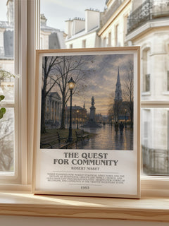 The Quest for Community bookish print in frame leaning in hallway – philosophy wall art