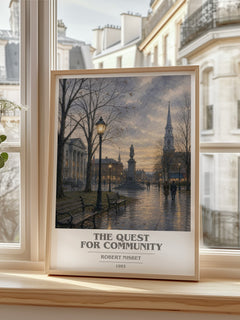 The Quest for Community book cover print in frame leaning in hallway – philosophy wall art