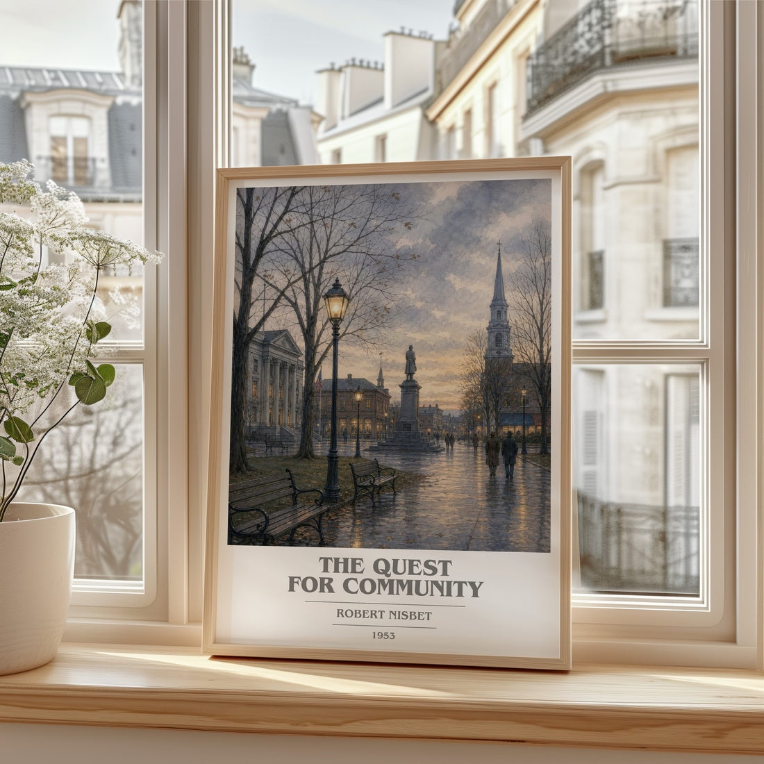The Quest for Community book cover print in frame leaning in hallway – philosophy wall art