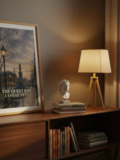 The Quest for Community watercolour print on bookshelf – Robert Nisbet fan gift