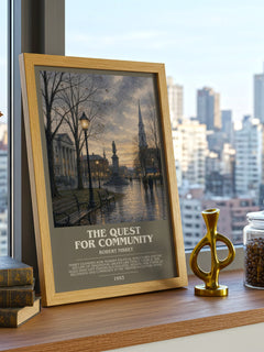The Quest for Community bookish poster colour and style options – Robert Nisbet book art