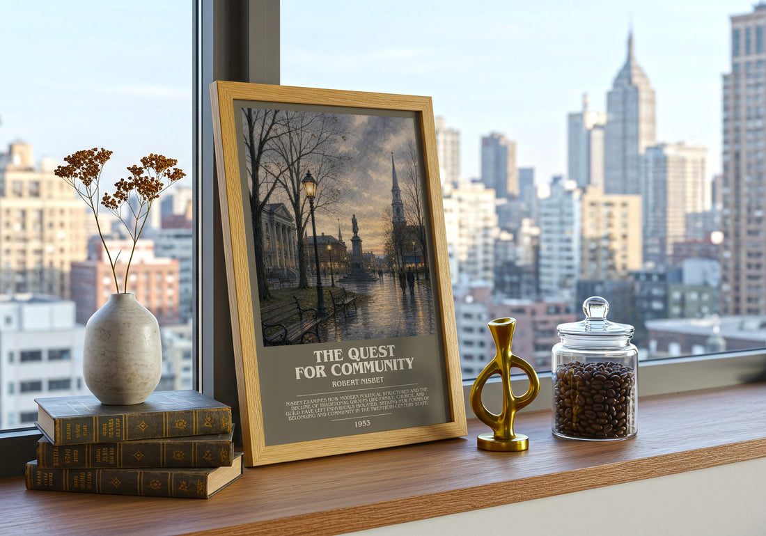 The Quest for Community bookish poster colour and style options – Robert Nisbet book art