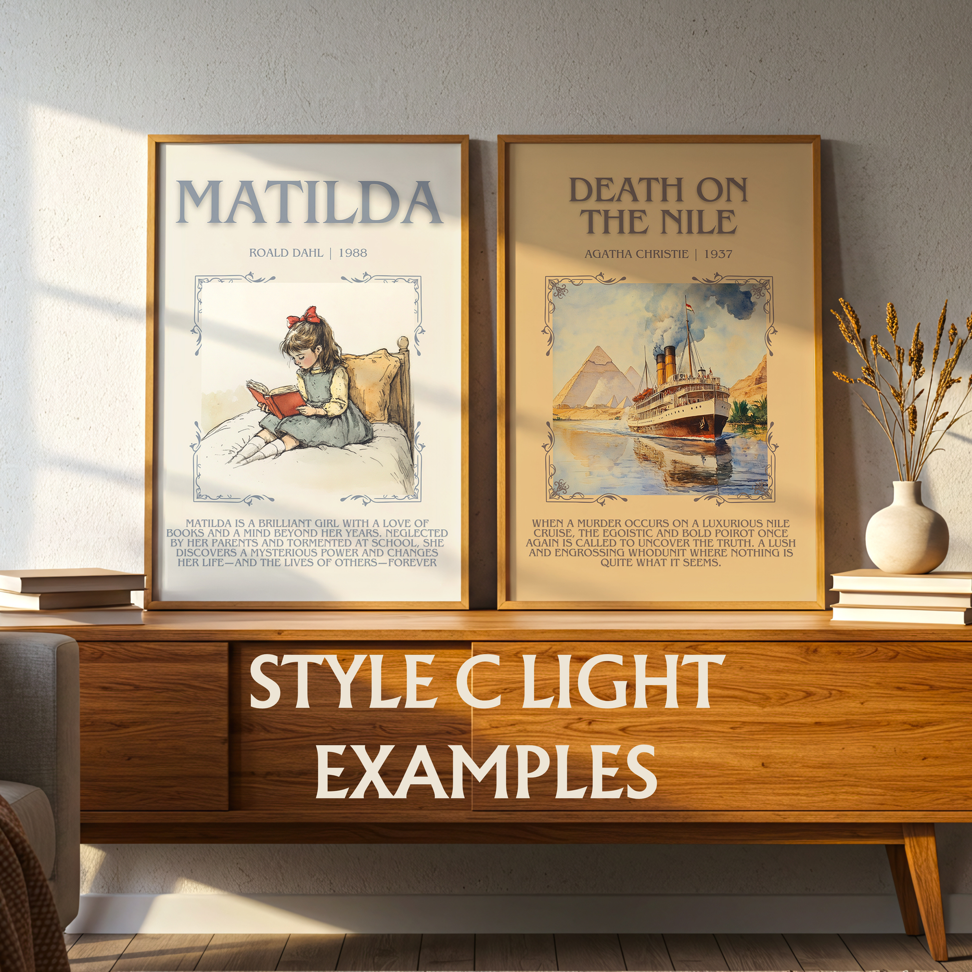 two framed posters on a wooden table, each depicting a different scene. The posters are titled "MATILDA" and "DEATH ON THE NILE" and are described as "A brilliant girl with a love of books" and "A mysterious cruise ship". The table also has a sign that reads "STYLE C LIGHT EXAMPLES".