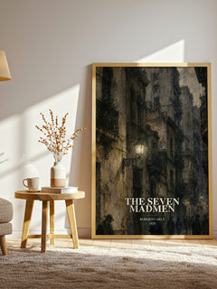 The Seven Madmen watercolour print in frame leaning in hallway – literary fiction wall art