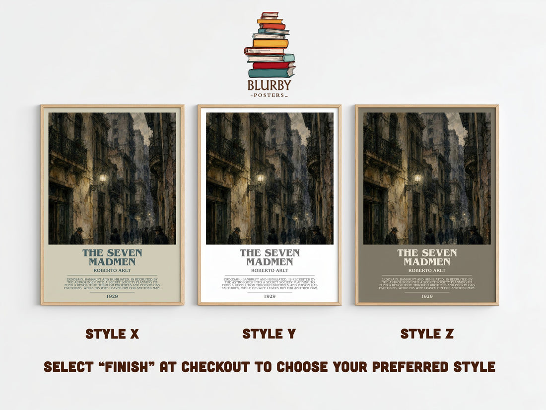 The Seven Madmen bookish print framed by window – literary home decor