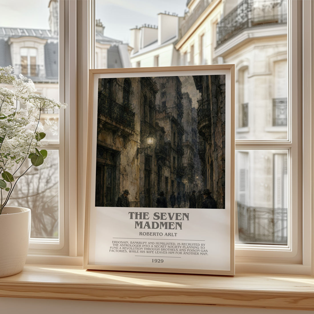 The Seven Madmen bookish print in frame leaning in hallway – literary fiction wall art