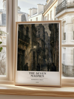 The Seven Madmen book cover print in frame leaning in hallway – literary fiction wall art