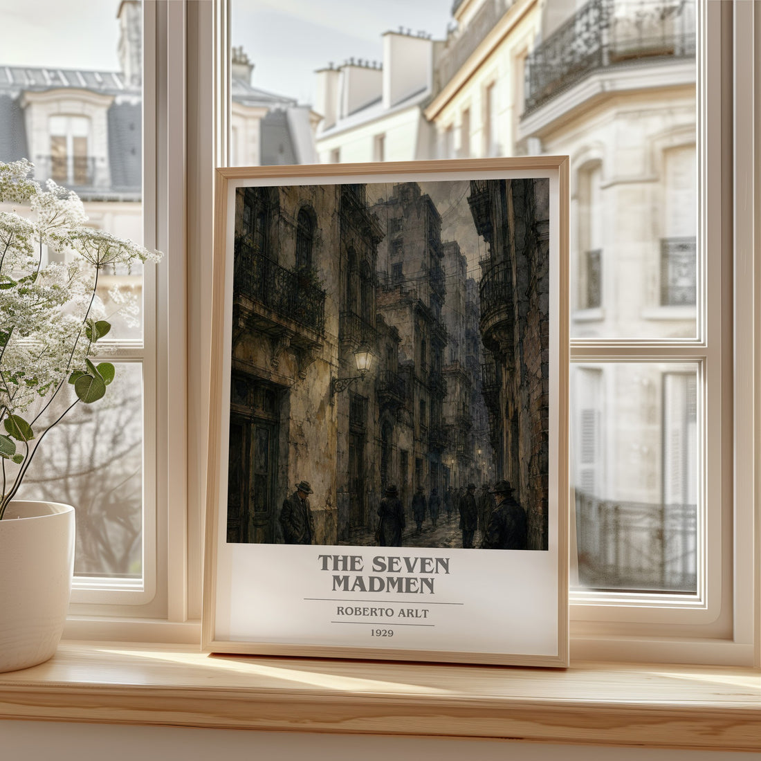 The Seven Madmen book cover print in frame leaning in hallway – literary fiction wall art