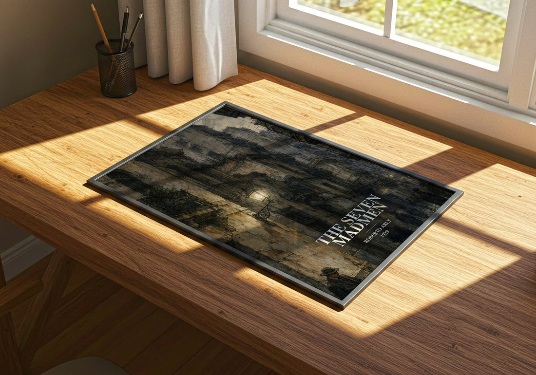The Seven Madmen watercolour book poster framed on wall – literary fiction wall art