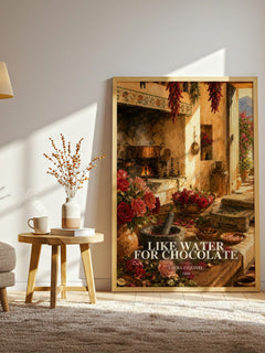 Like Water For Chocolate watercolour print in frame leaning in hallway – literary fiction wall art