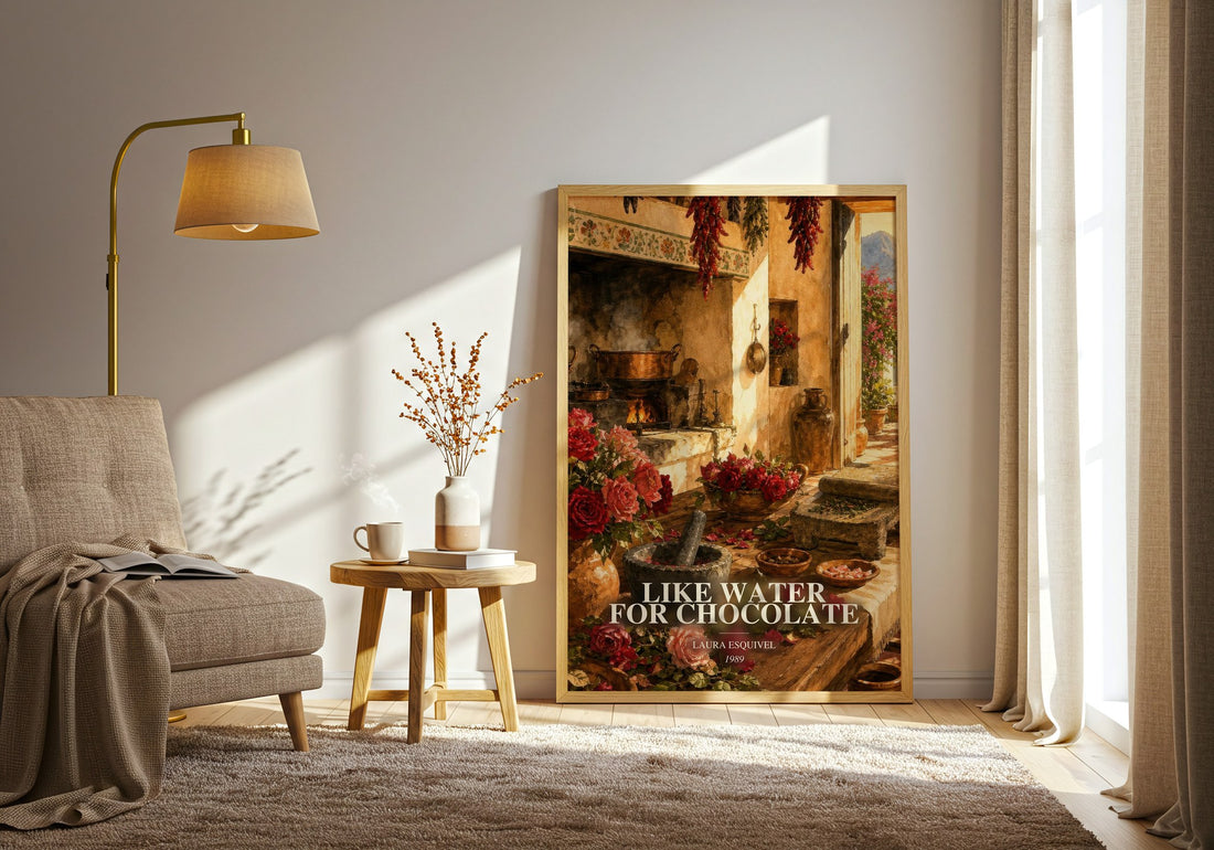 Like Water For Chocolate watercolour print in frame leaning in hallway – literary fiction wall art