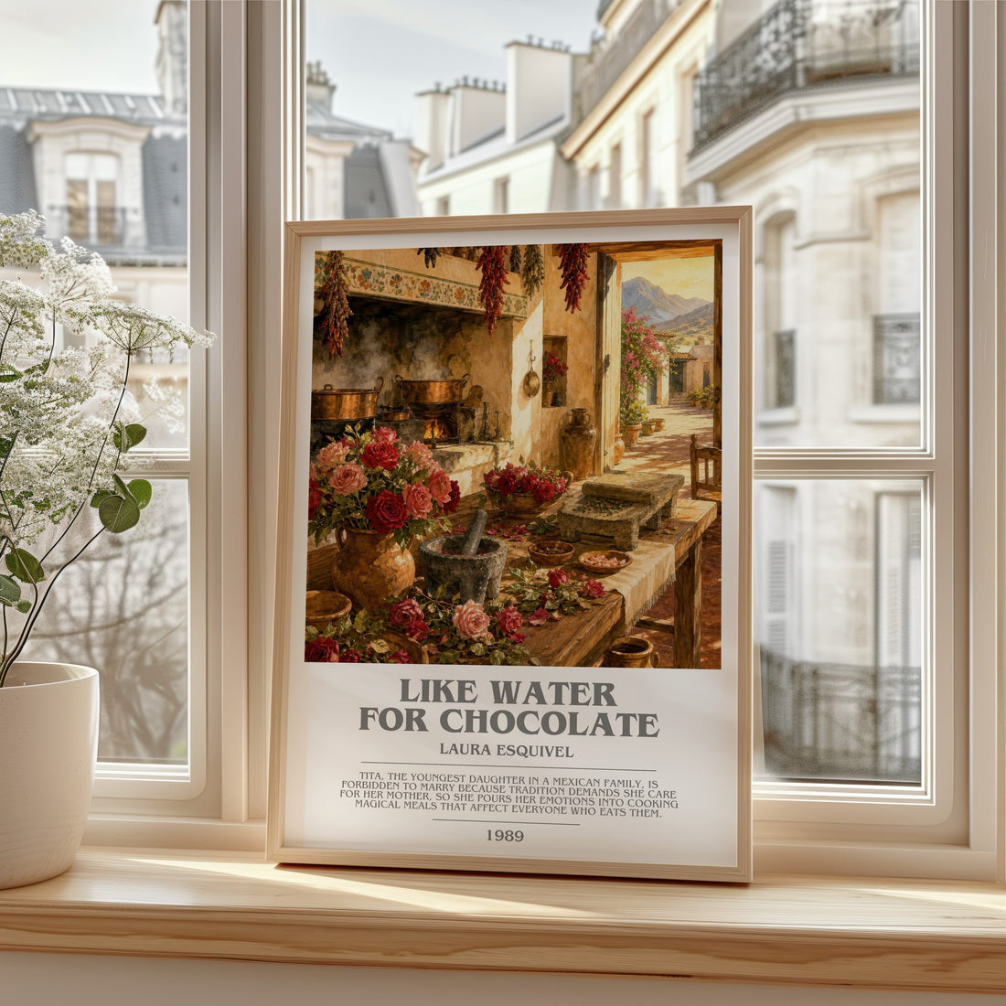 Like Water For Chocolate bookish print in frame leaning in hallway – literary fiction wall art