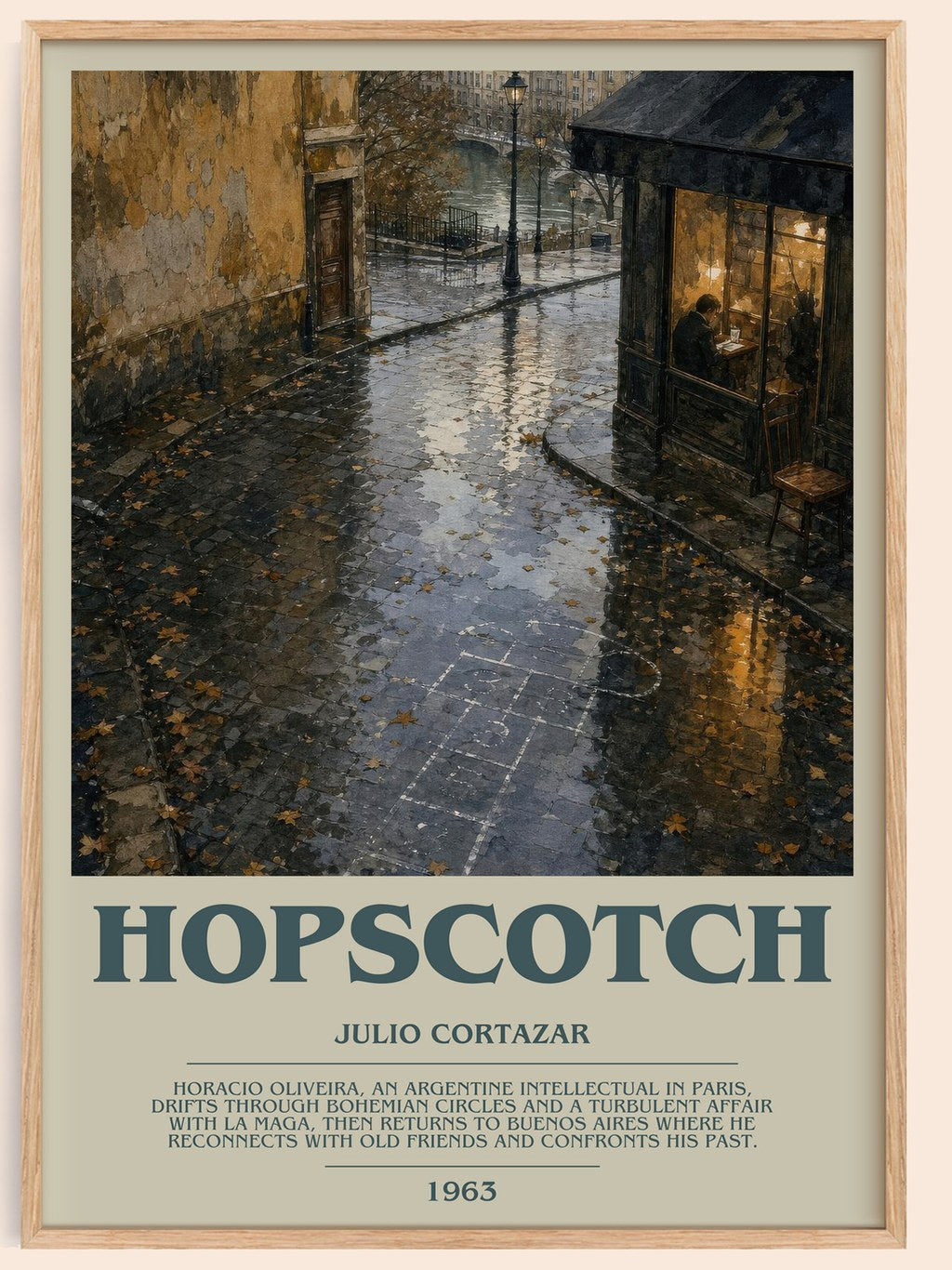 Hopscotch bookish book poster by Julio Cortazar – framed literary art print