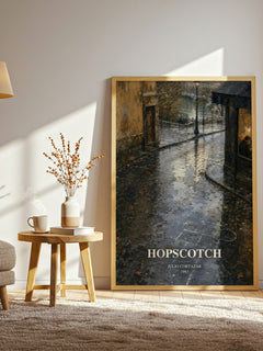 Hopscotch watercolour print in frame leaning in hallway – literary fiction wall art
