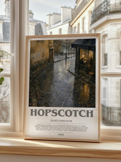 Hopscotch bookish print in frame leaning in hallway – literary fiction wall art
