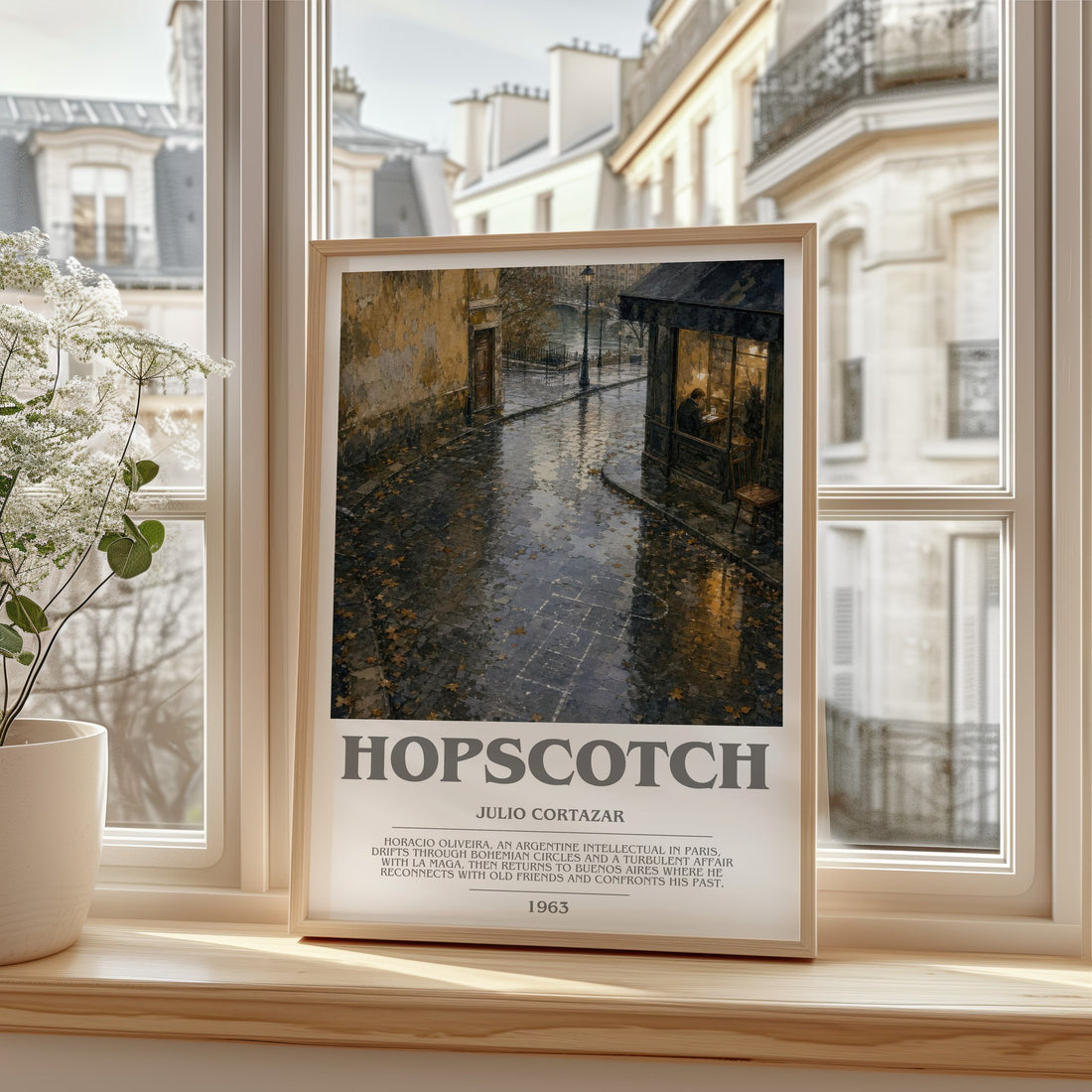 Hopscotch bookish print in frame leaning in hallway – literary fiction wall art