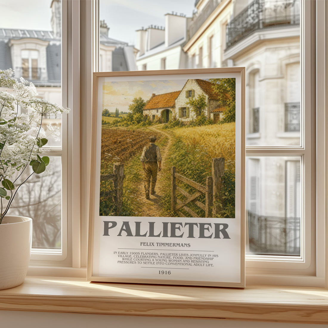 Pallieter bookish print in frame leaning in hallway – literary fiction wall art
