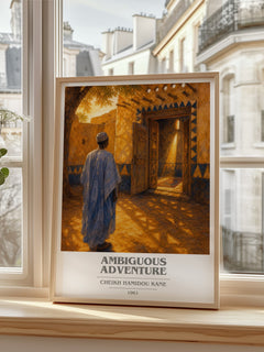 Ambiguous Adventure book cover print in frame leaning in hallway – literary fiction wall art