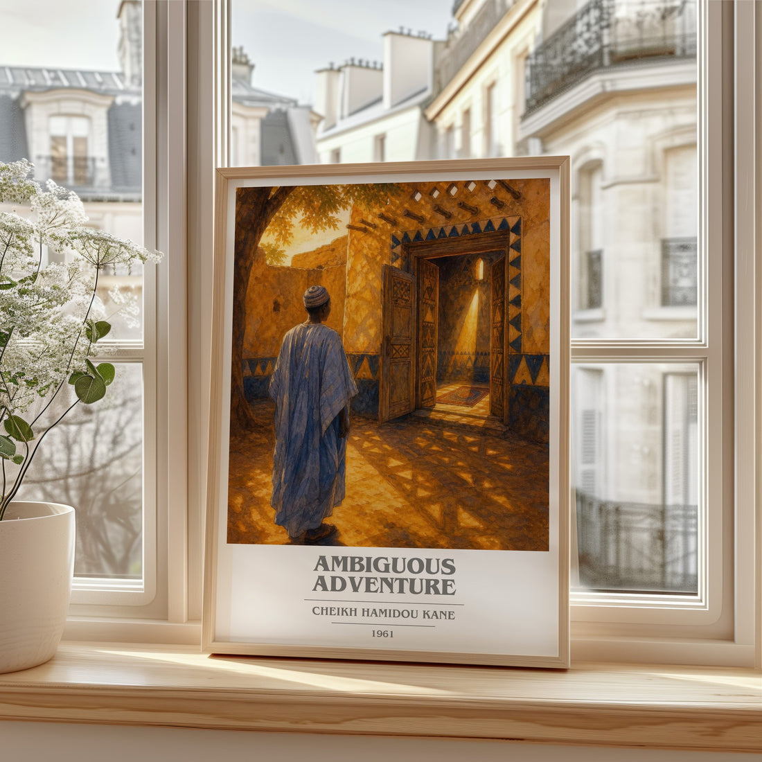 Ambiguous Adventure book cover print in frame leaning in hallway – literary fiction wall art