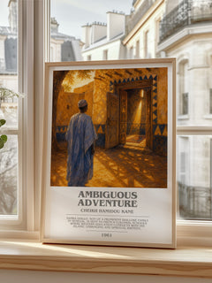 Ambiguous Adventure bookish print in frame leaning in hallway – literary fiction wall art