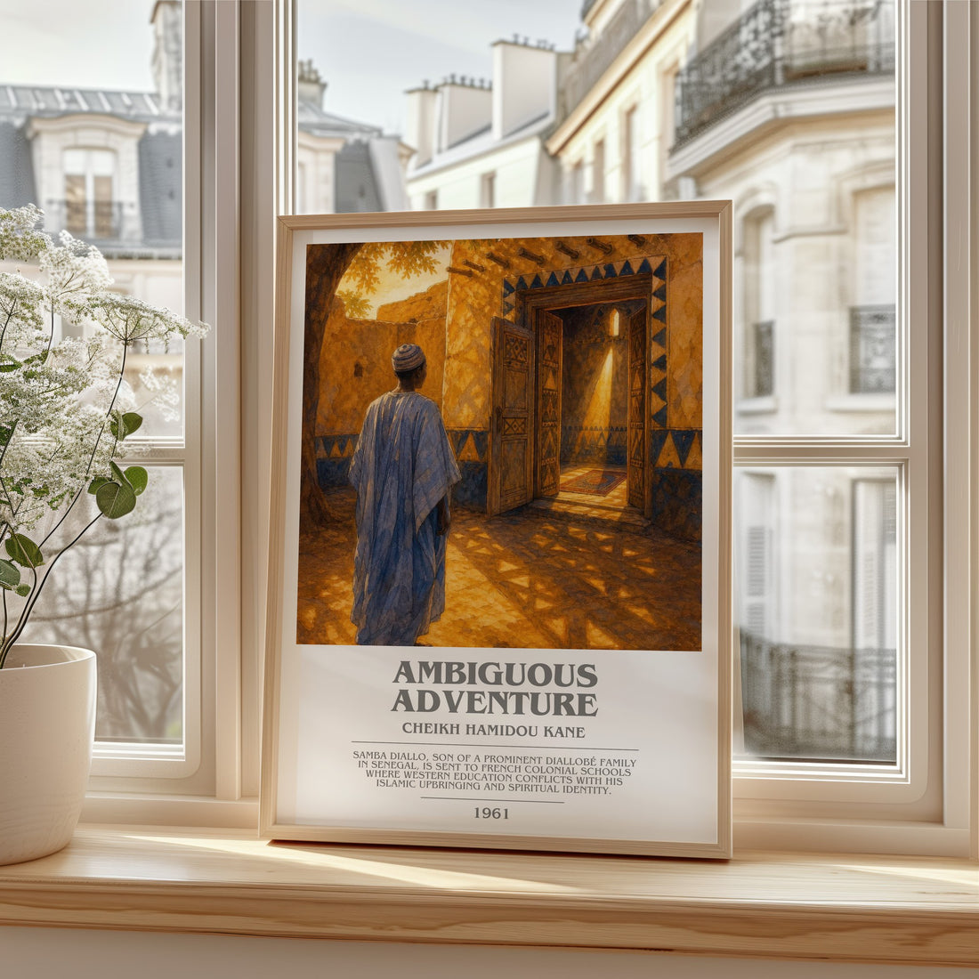 Ambiguous Adventure bookish print in frame leaning in hallway – literary fiction wall art