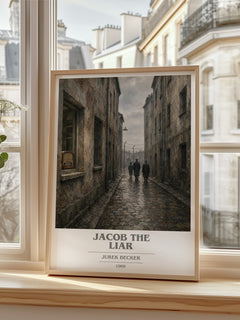 Jacob the Liar book cover print in frame leaning in hallway – historical fiction wall art