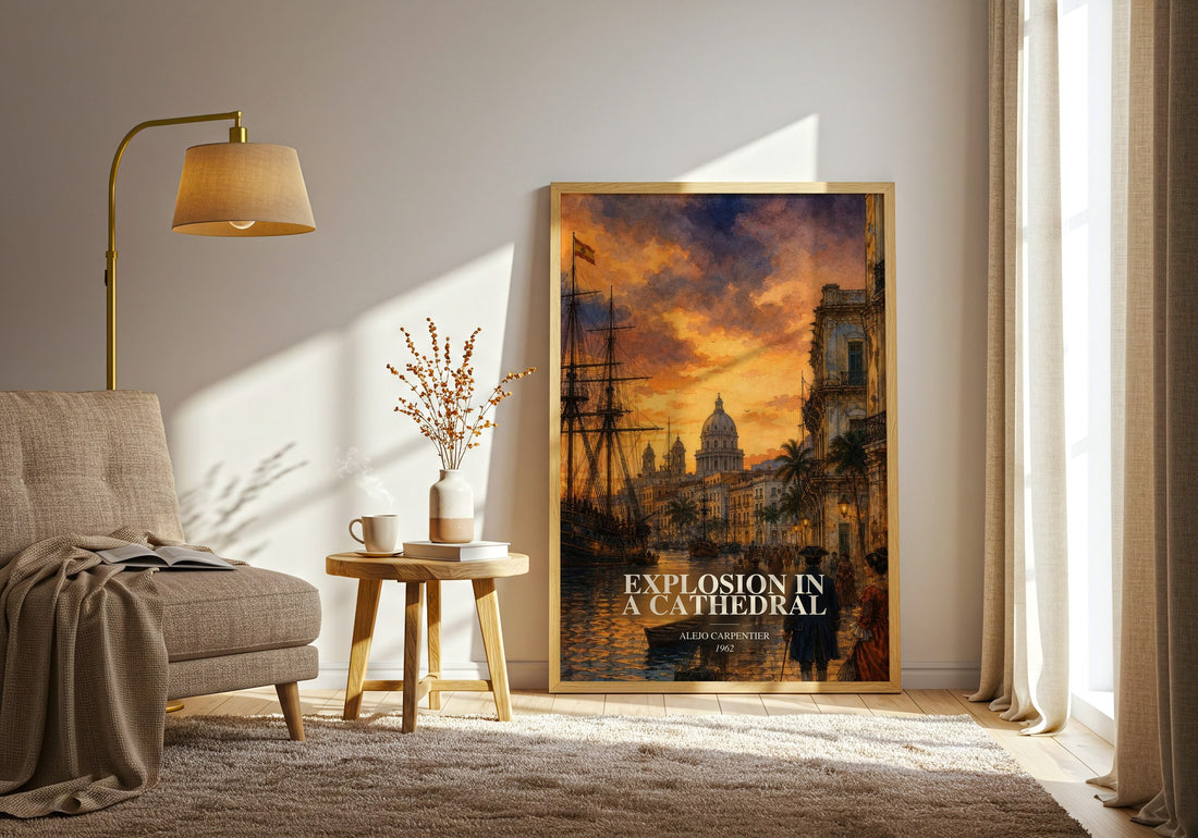 Explosion In A Cathedral watercolour print in frame leaning in hallway – historical fiction wall art