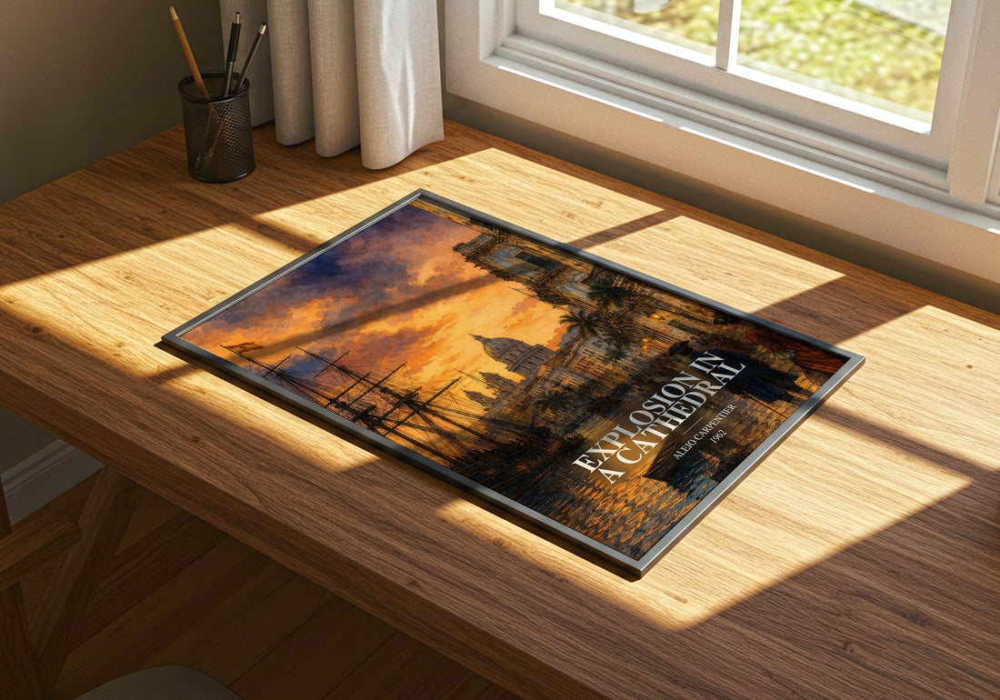 Explosion In A Cathedral watercolour book poster framed on wall – historical fiction wall art