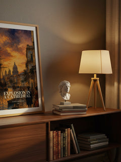 Explosion In A Cathedral watercolour print on bookshelf – Alejo Carpentier fan gift