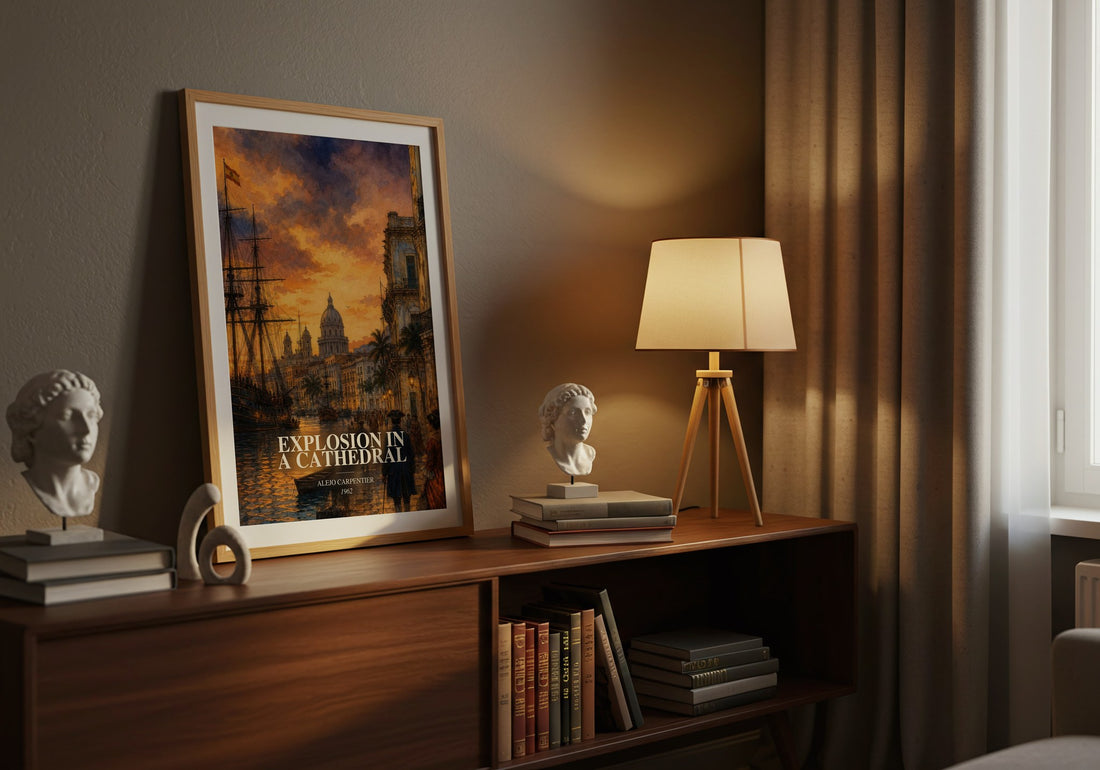 Explosion In A Cathedral watercolour print on bookshelf – Alejo Carpentier fan gift