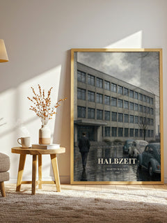 Halbzeit watercolour print in frame leaning in hallway – literary fiction wall art