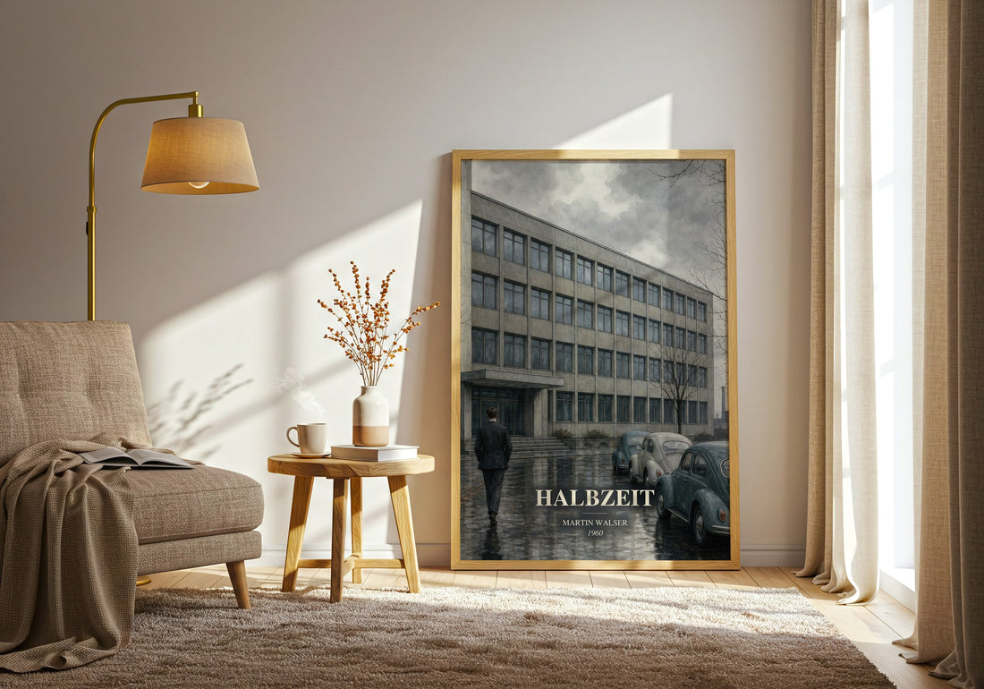 Halbzeit watercolour print in frame leaning in hallway – literary fiction wall art