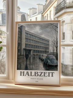 Halbzeit book cover print in frame leaning in hallway – literary fiction wall art