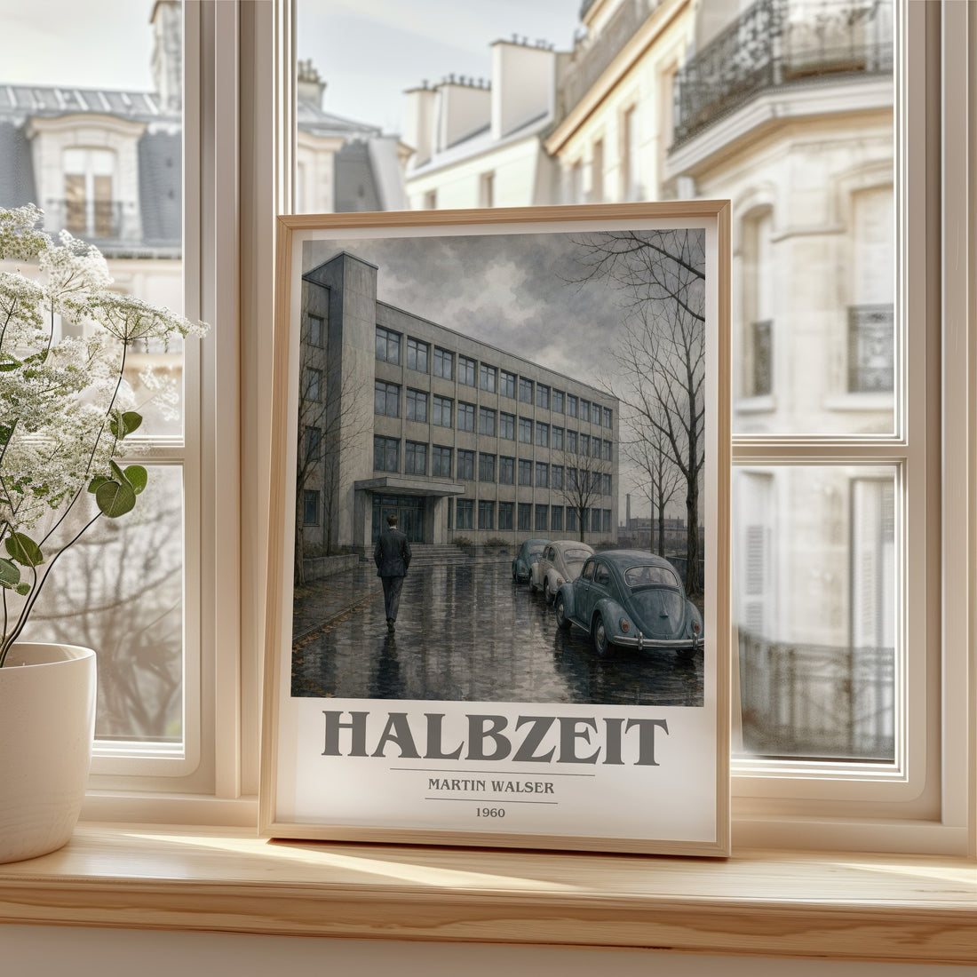 Halbzeit book cover print in frame leaning in hallway – literary fiction wall art