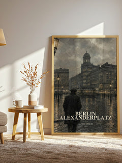 Berlin Alexanderplatz watercolour print in frame leaning in hallway – literary fiction wall art