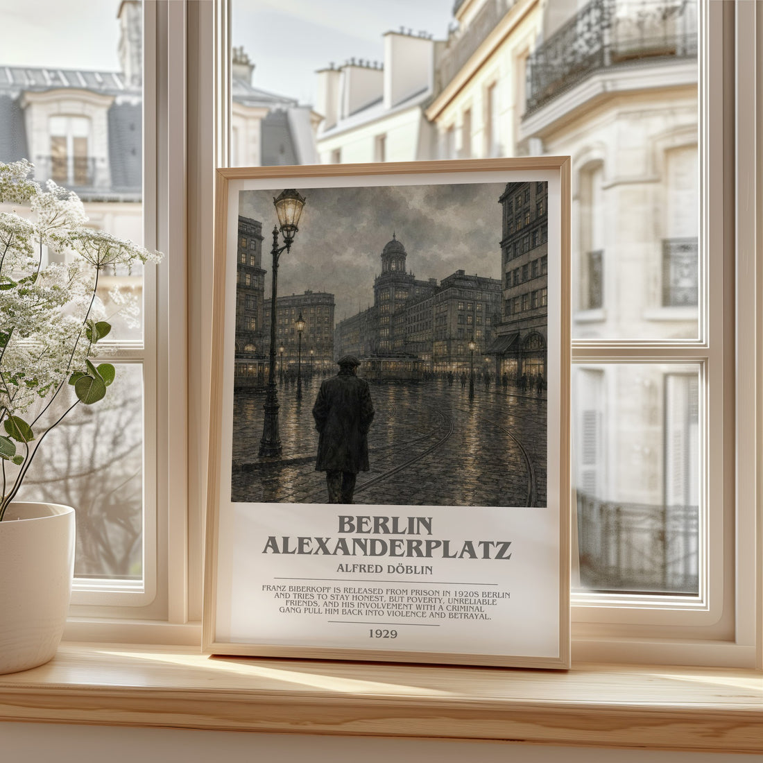 Berlin Alexanderplatz bookish print in frame leaning in hallway – literary fiction wall art
