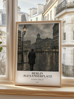 Berlin Alexanderplatz book cover print in frame leaning in hallway – literary fiction wall art
