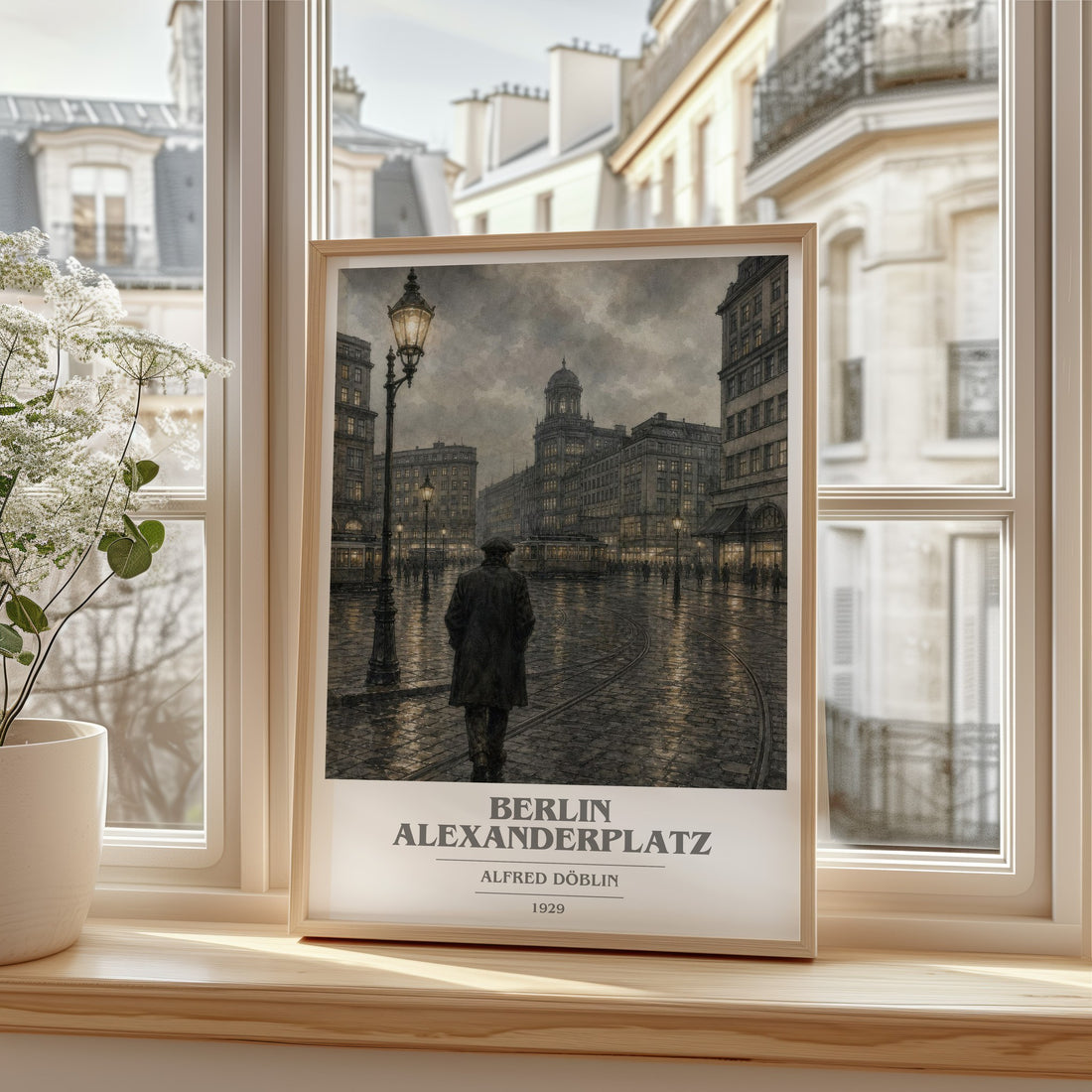 Berlin Alexanderplatz book cover print in frame leaning in hallway – literary fiction wall art