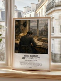 The Book of Disquiet bookish print in frame leaning in hallway – philosophy wall art