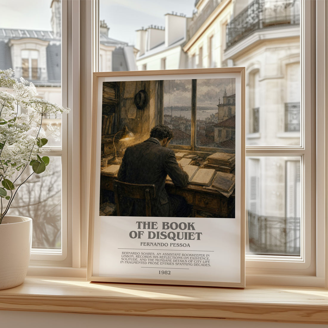 The Book of Disquiet bookish print in frame leaning in hallway – philosophy wall art