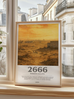 2666 bookish print in frame leaning in hallway – literary fiction wall art