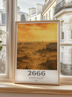 2666 book cover print in frame leaning in hallway – literary fiction wall art
