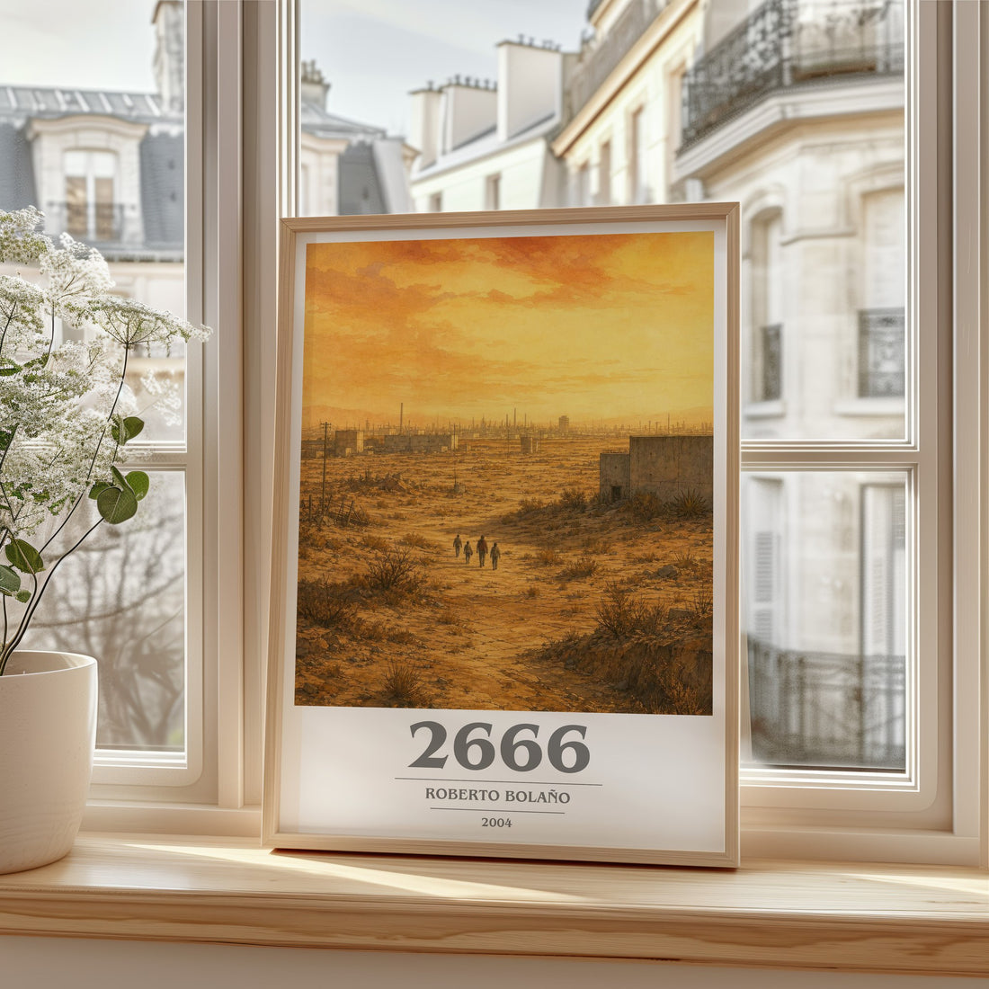 2666 book cover print in frame leaning in hallway – literary fiction wall art