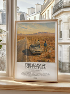 The Savage Detectives bookish print in frame leaning in hallway – literary fiction wall art