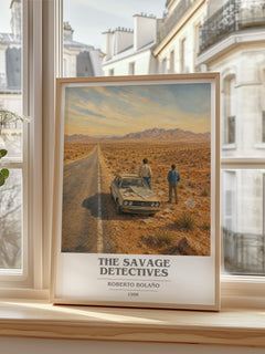 The Savage Detectives book cover print in frame leaning in hallway – literary fiction wall art