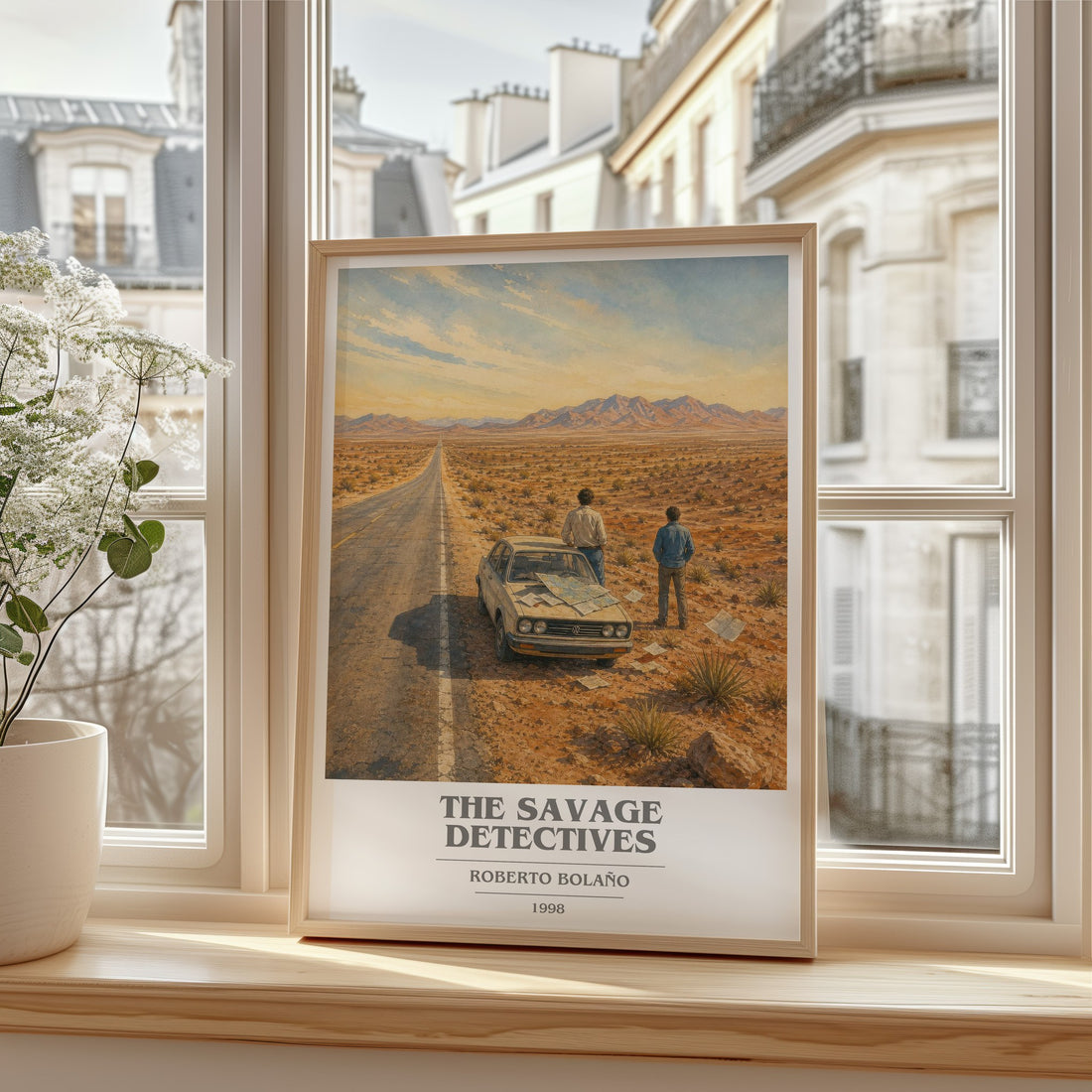 The Savage Detectives book cover print in frame leaning in hallway – literary fiction wall art