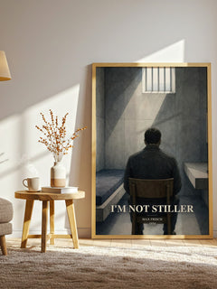 I'm Not Stiller watercolour print in frame leaning in hallway – literary fiction wall art