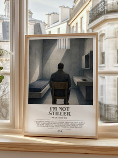 I'm Not Stiller bookish print in frame leaning in hallway – literary fiction wall art