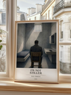 I'm Not Stiller book cover print in frame leaning in hallway – literary fiction wall art