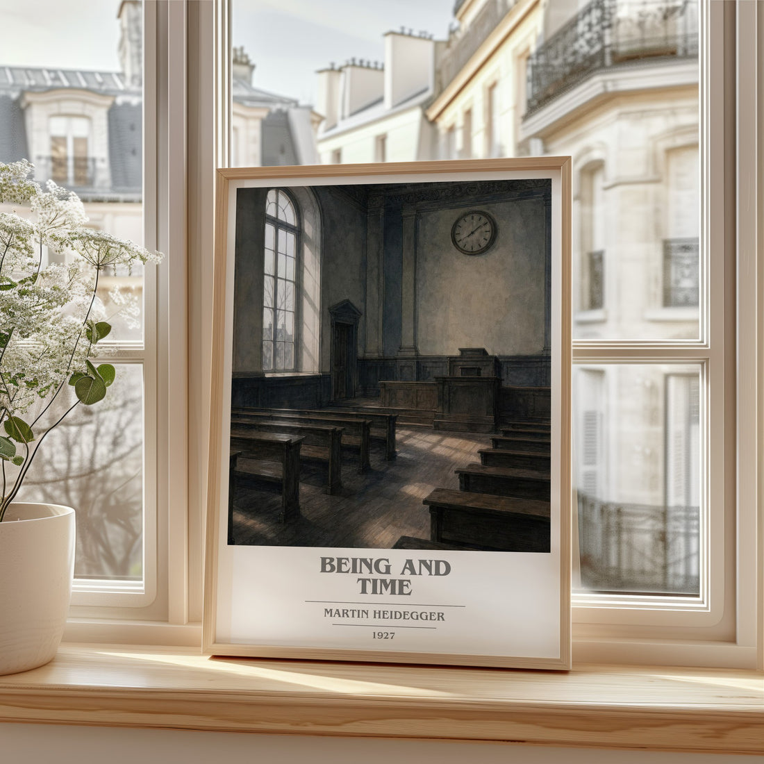 Being and Time book cover print in frame leaning in hallway – philosophy wall art